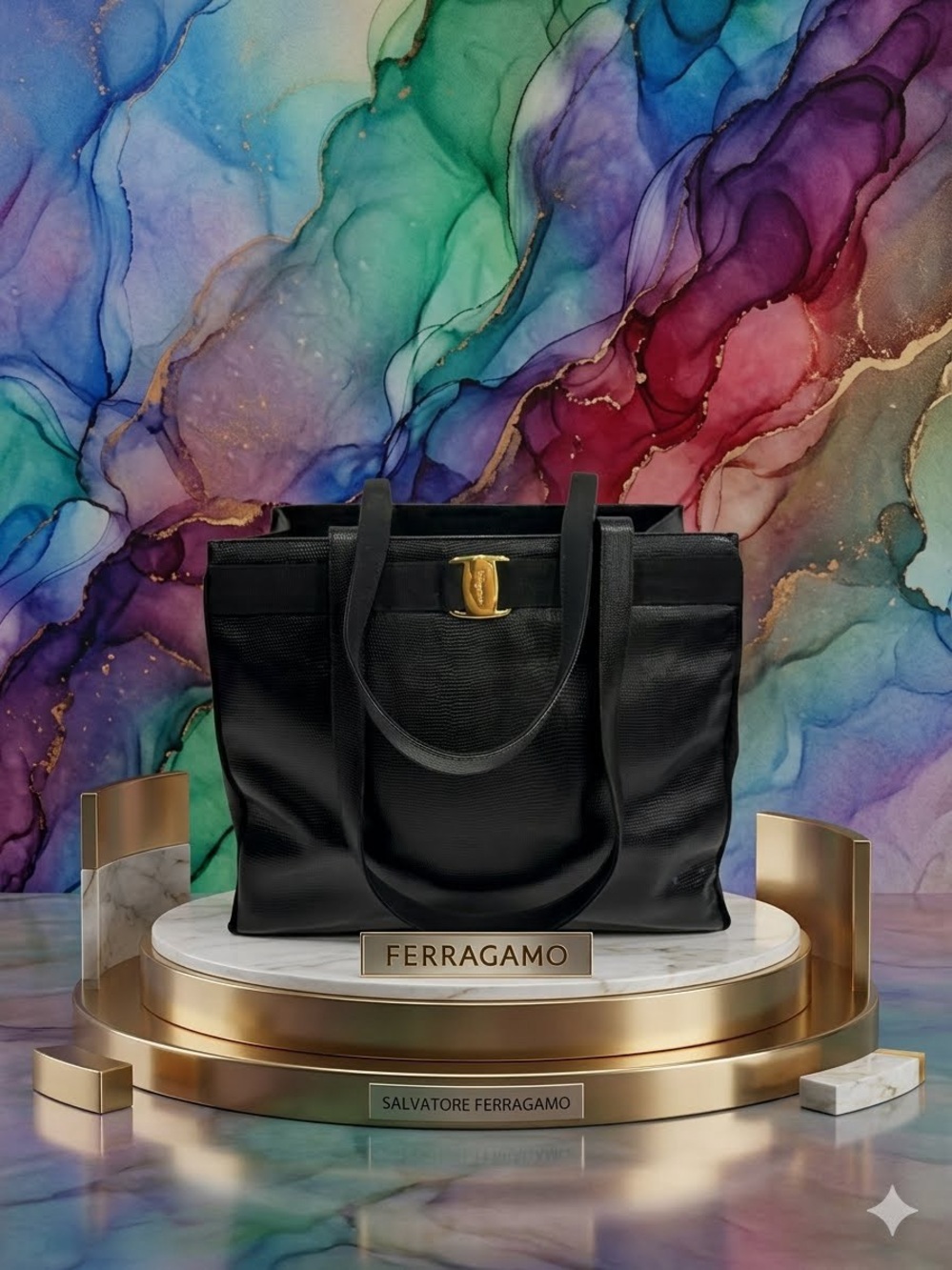 Salvatore Ferragamo Black Leather Tote with Gold-Tone Accent